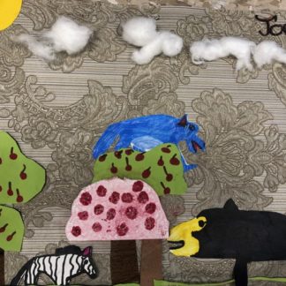 Artwork showing zebras, clouds, trees, and fruits